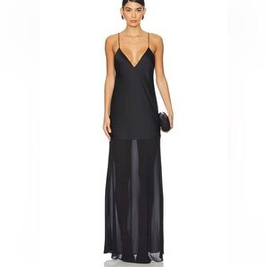 SER.O.YA Vienna Satin Maxi Dress Black Sheer chiffon hem gown $348 Revolve S